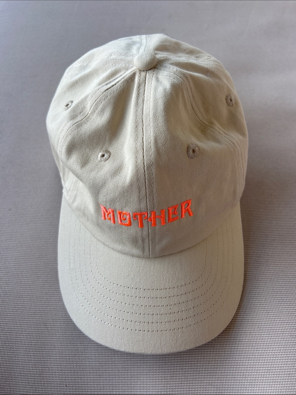 MOTHER Beige Baseball Cap with Neon Orange Logo